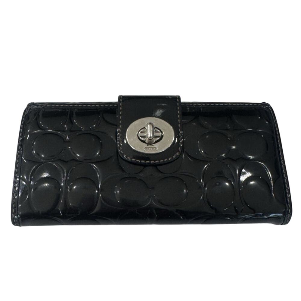 VTG Coach Black Patent Leather C Monogram Turnlock Wallet Y2K Bifold Compact